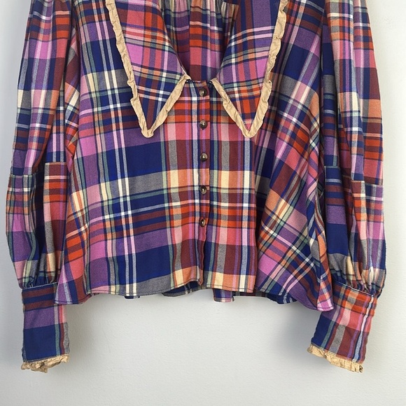 Free People Bexley Balloon Sleeve Plaid Top Relaxed Oversize Fit XS Button Front - Picture 5 of 16